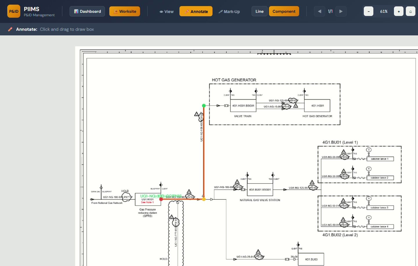 PIIMS annotation mode — interactive color-coded line annotations on a live P&ID diagram